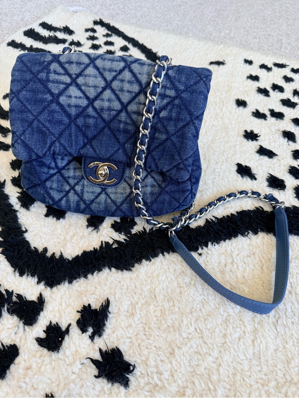 CC Blue Quilted Denim Mini Flap Bag, messenger, matelasse